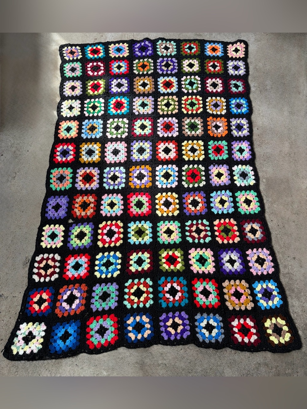 Handmade Multicolor Granny Square Crochet Blanket with Black Border